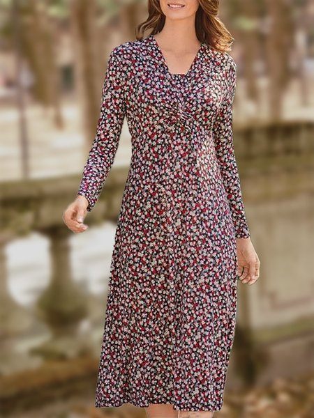

A-Line Floral Midi V Neck Regular Fit Dresses, Multicolor, Midi Dresses