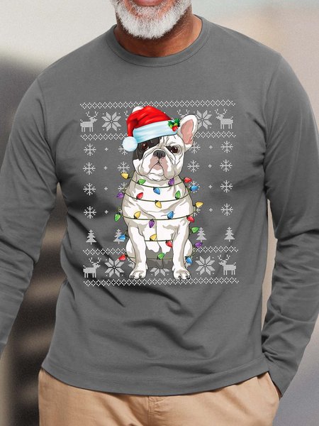 

Men Merry Christmas Dog Hat Light Casual Tops, Gray, Long Sleeves