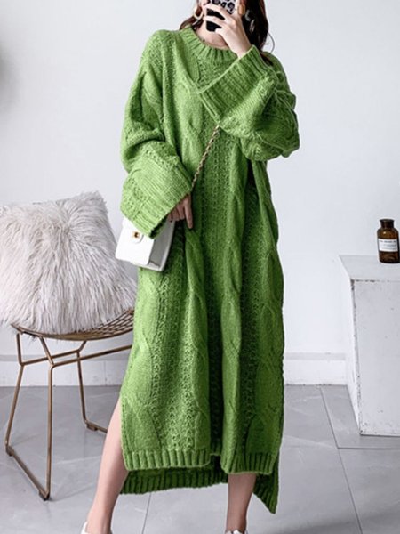 

Crew Neck Daily Long sleeve Plain Elegant Dress, Green, Midi Dresses
