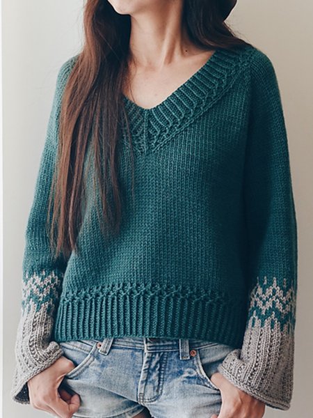 

V Neck Casual Color Block Sweater, Darkgreen, Sweaters & Cardigans