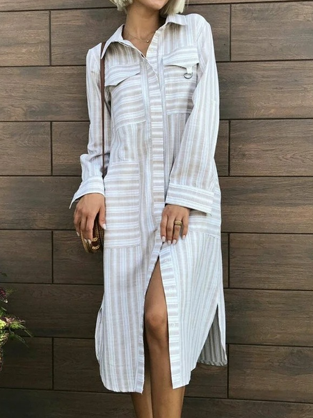 

Loose Shirt Collar Striped Dresses, Khaki, Dresses