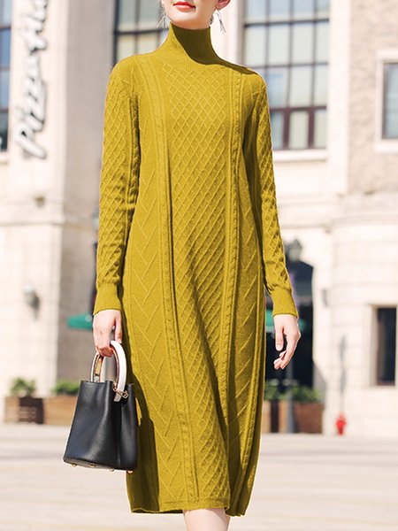 

Plain Loose Elegant Turtleneck Sweater Dress, Yellow, Midi Dresses