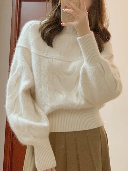 

Casual Long sleeve Half Turtleneck Sweater, White, Pullovers