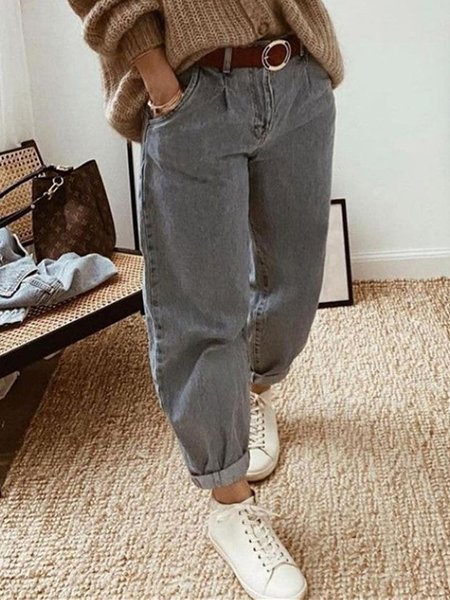 

Loose Denim Plain Jeans, Gray, Jeans
