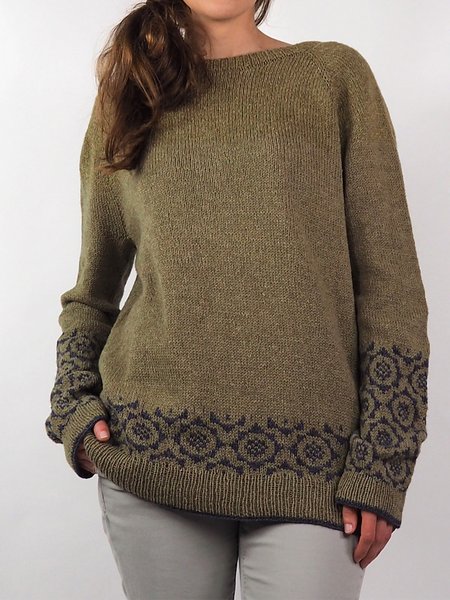 

Casual Crew Neck Ethnic Sweater, Army green, Sweaters