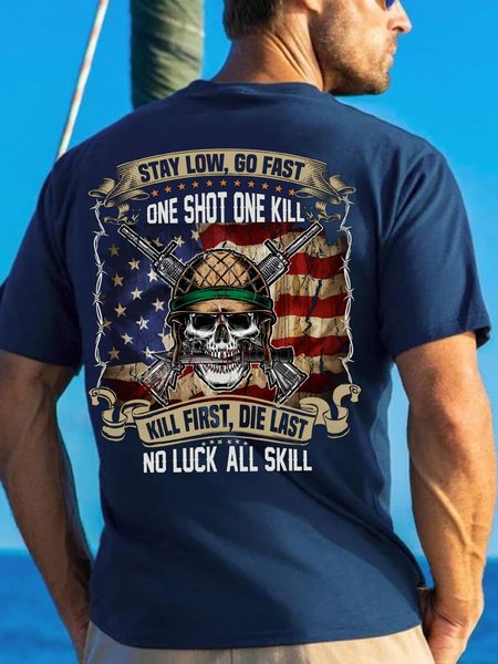 

Men's Stay Low Go Fast Funny Veteran''s Day Flag Skull Loose Casual Cotton T-Shirt, Blue, T-shirts