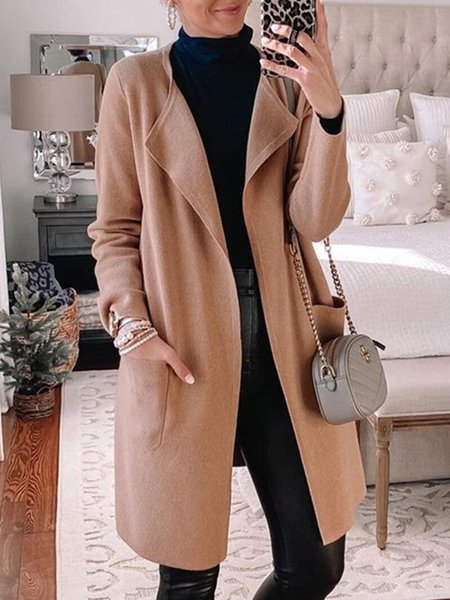 

Casual Solid Turndown Collar Pocket Outerwear, Khaki, Coats