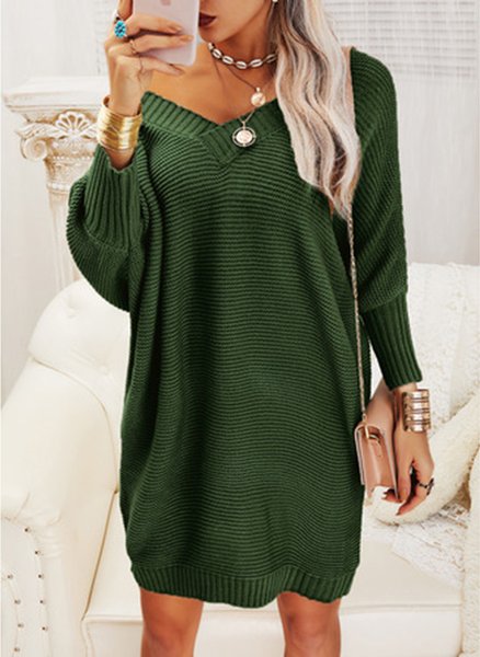 

Casual Plain V-Neck Thermal Sweater One Piece, Green, Dresses