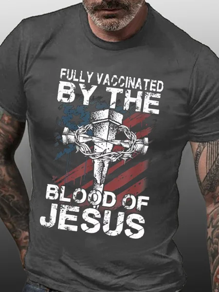 

Men's Fully Vaccinated By The Blood Of Jesus Funny Casual Crew Neck America Flag T-Shirt, Deep gray, T-shirts