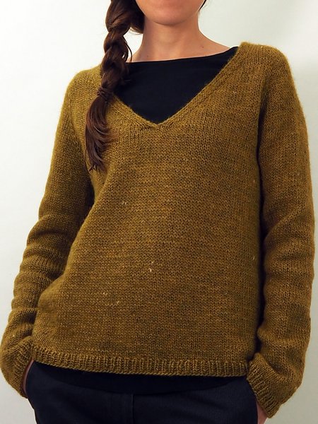 

Casual V Neck Loose Sweater, Yellow brown, Sweaters