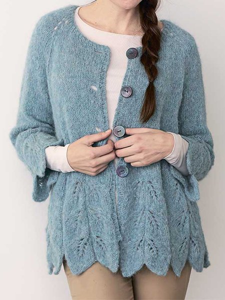 

Loose Casual Crew Neck Buttoned Sweater Coat, Blue, Cardigans