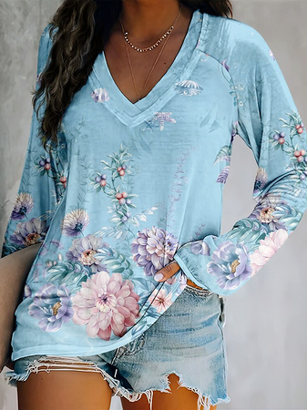 

Casual Cotton-Blend Floral T-Shirt, Blue, T-Shirts