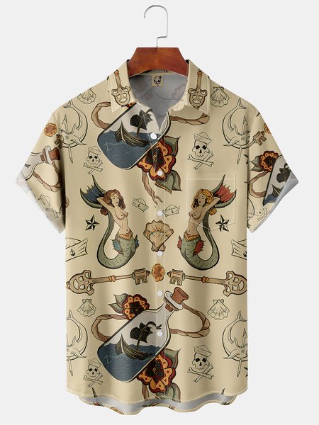 

Mermaid Chest Pocket Short Sleeve Hawaiian Shirt, Khaki, Men Shirts