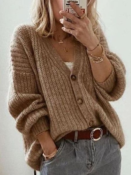 

Casual V Neck Buttoned Sweater Coat, Light camel, Cardigans