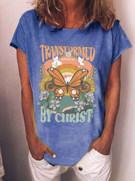 

Women's Transformed By Christ Loose Butterfly Casual T-Shirt, Blue, T-shirts