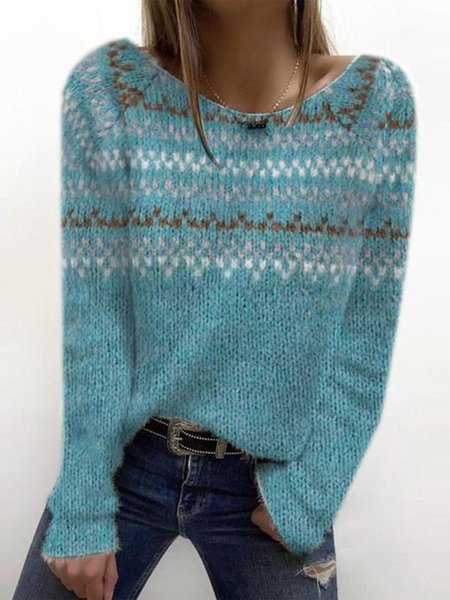 

Casual Blue Ethnic Long Sleeve Sweater, Sweaters