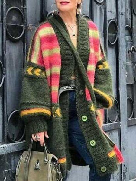 

Wrap Color Block Boho Buttoned Coat, Army green, Outerwear