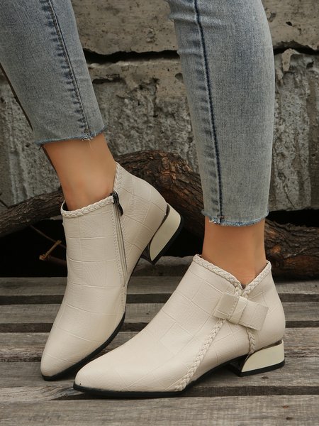 

Bow Knot Chunky Heel Pointed Toe Booties, Beige, Boots