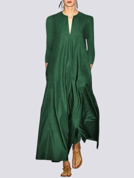 

Three Quarter Plain Simple V Neck Maxi Dress, Green, Dresses