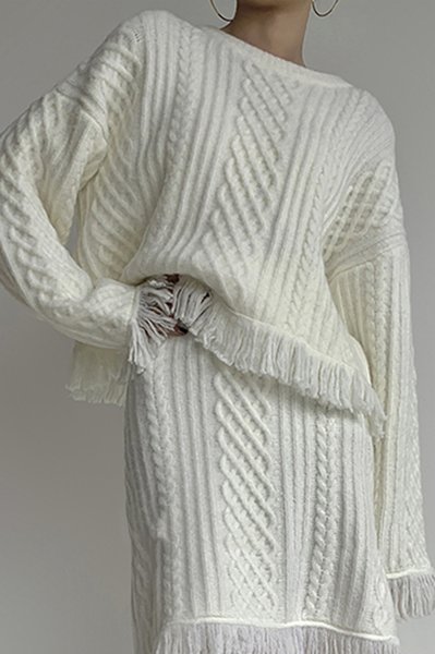 

Daily Long sleeve Simple Plain Regular Fit Sweater, White, Pullovers