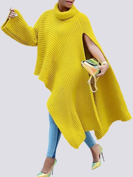 Loose Turtleneck Long sleeve Plain Urban Sweater, Yellow, Sweaters