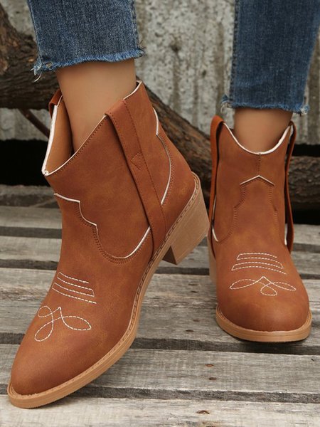 

Vintage Ethnic Embossed Pointed Toe Chunky Heel Booties, Orange, Boots