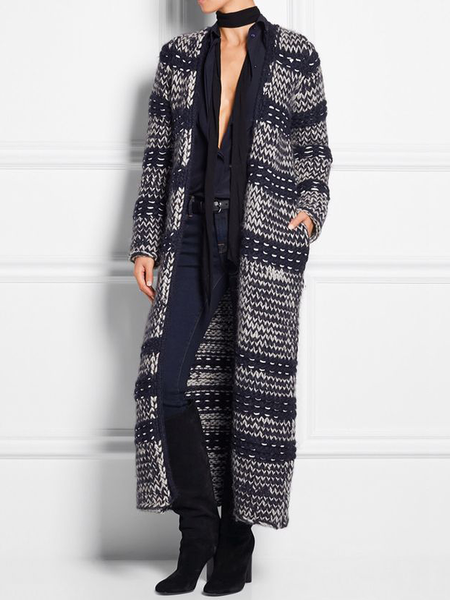 

Loose V Neck Long sleeve Mid-long Sweater Coat, Gray, Cardigans