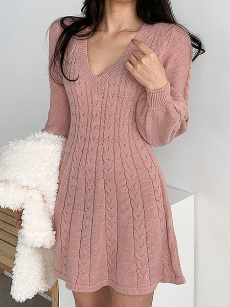 

High Elasticity Mid-long Long sleeve Elegant Skirt Dresses, Pink, Mini Dresses
