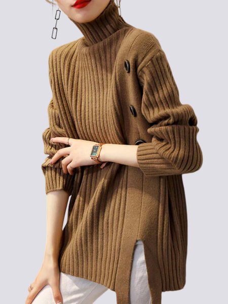 

Turtleneck Plain Urban Long Sleeve Sweater, Yellow brown, Sweaters