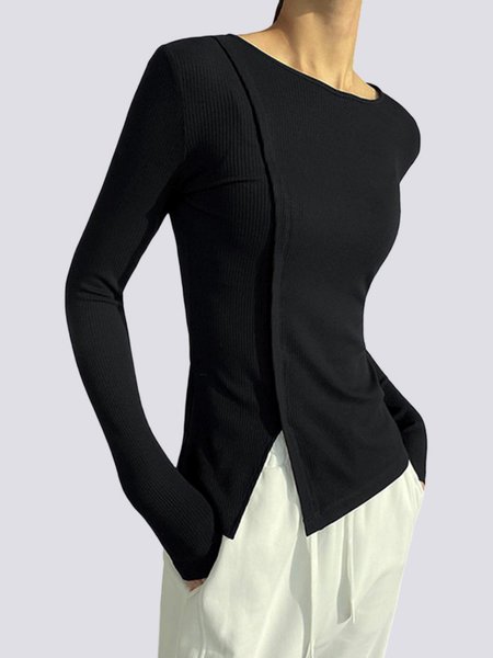 

Daily Crew Neck Split Plain Long Sleeve Knit, Wine red, Tops