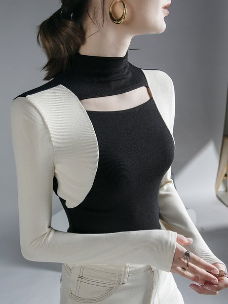 

Color Block Turtleneck Long Sleeve Urban T-Shirt, Black-white, Tees