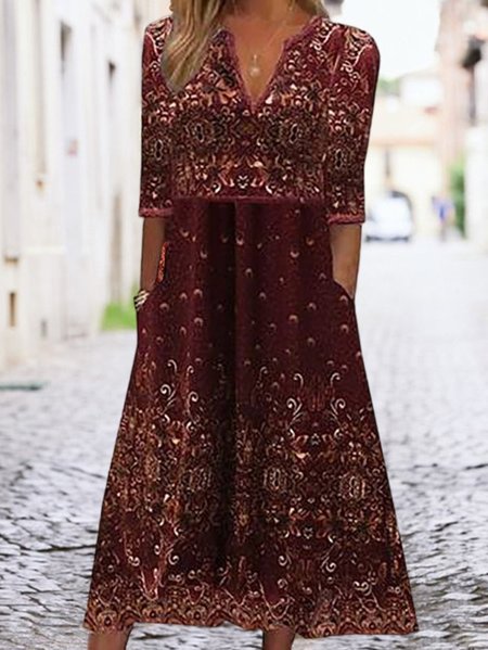 

Casual Ethnic Party Floral Design Women Dress, Red, Midi Dresses