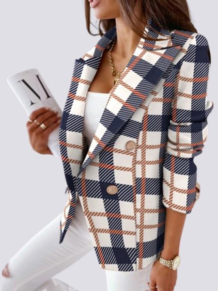 

Work Plaid Lapel Collar Long Sleeve Double Breasted Blazer, Blue, Outerwear