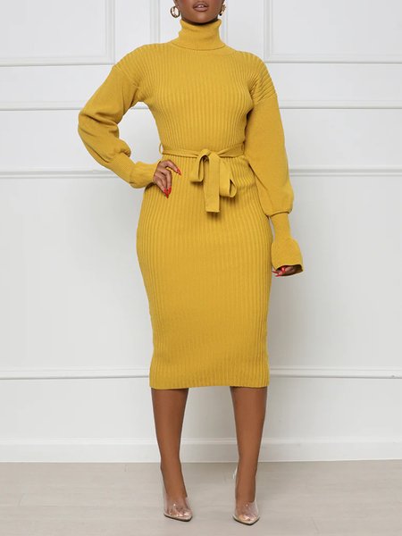 

Tight Elegant Plain Long Sleeve Midi Dress, Yellow, Midi Dresses