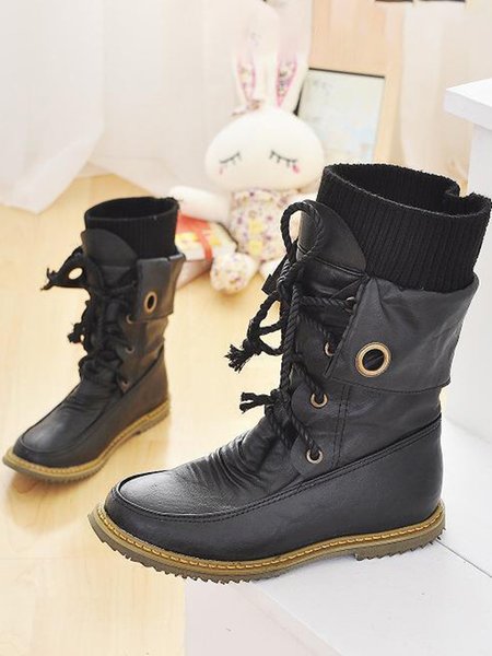 

Comfortable Soft Flat Round Toe Vintage Knit Panel Biker Booties, Black, Shoes