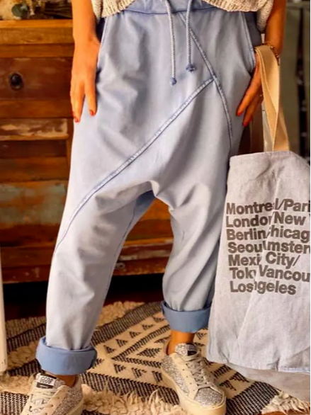 

Cotton-Blend Loose Casual Pants, Blue, Pants