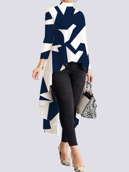 

Loose A-Line Long sleeve Stand Collar Urban Blouse, Blue, Blouses and Shirts