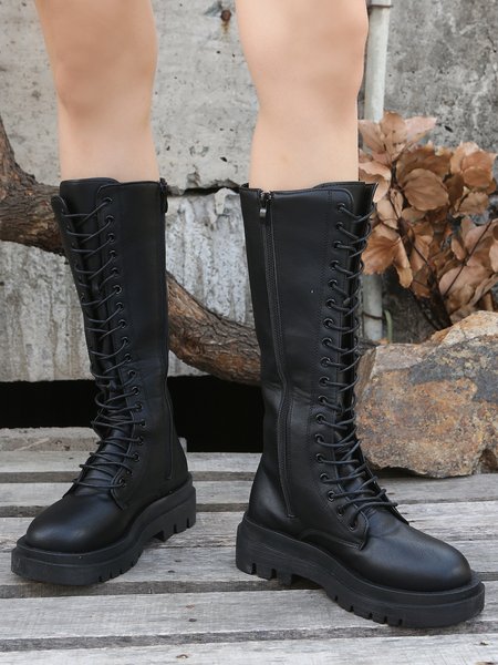 

Lace-Up Platform Long Round Toe Rider Boots, Black, Boots