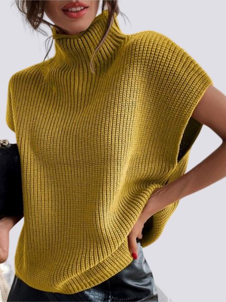 

Daily Short sleeve Plain Turtleneck Simple Sweater, Yellow, Sweaters