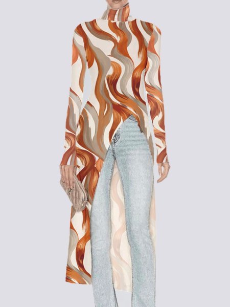 

Urban Turtleneck Abstract Long Sleeve Top, Multicolor, Tops