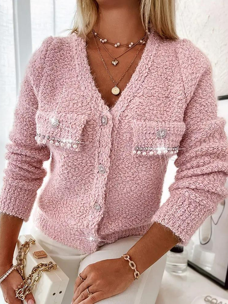 

Casual Tweed Rhinestone Pearls Decor Cardigan, Pink, Cardigans