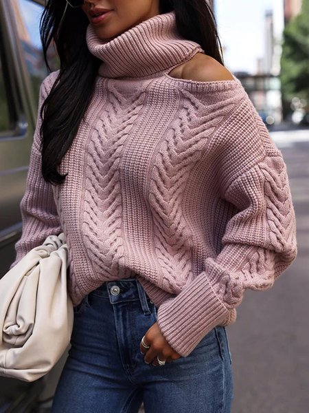

Turtleneck Casual Plain Long Sleeve Sweater, Pink, Pullovers