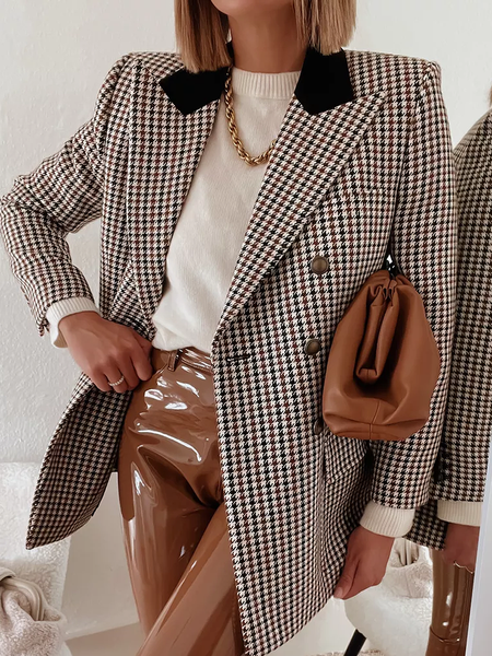 

Loose Urban Plaid Lapel Collar Long sleeve Blazer, As picture, Blazers