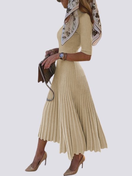 

Elegant Plain Stand Collar Half Sleeve Pleated Midi Dress, Khaki, Dresses
