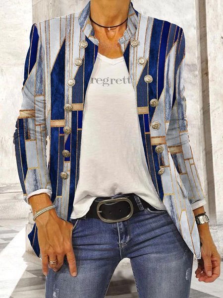 

Geometric Stand Collar Casual Jacket, Blue, Blazers