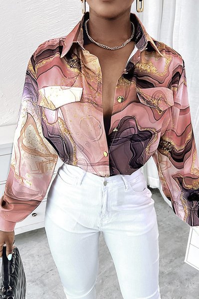 

Long sleeve Shirt Collar Regular Fit Urban Blouse, Pink, Blouses and Shirts