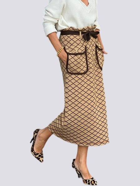 

Loose Urban H-Line Plaid Long Skirt, Khaki, Skirts