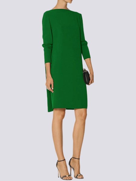 

High Elasticity Loose Long sleeve H-Line Elegant Boat Neck Dress, Green, Dresses