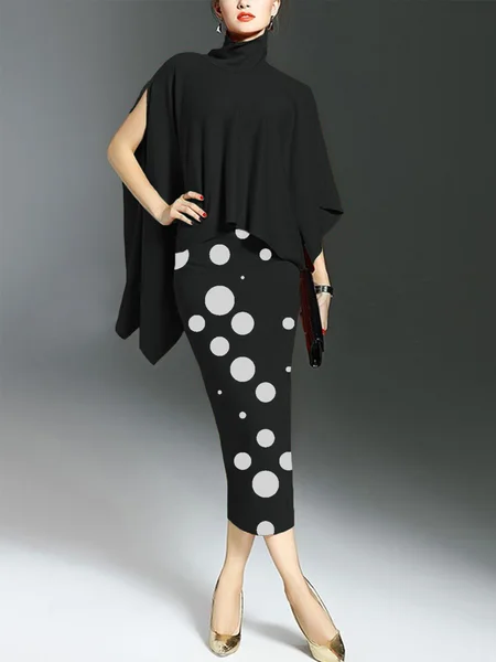 

Turtleneck Elegant Polka Dots Midi Dress, Black-white, Midi Dresses