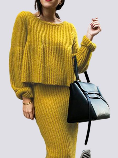 

Simple Plain Long Sleeve Crew Neck Loosen Sweater, Yellow, Sweaters